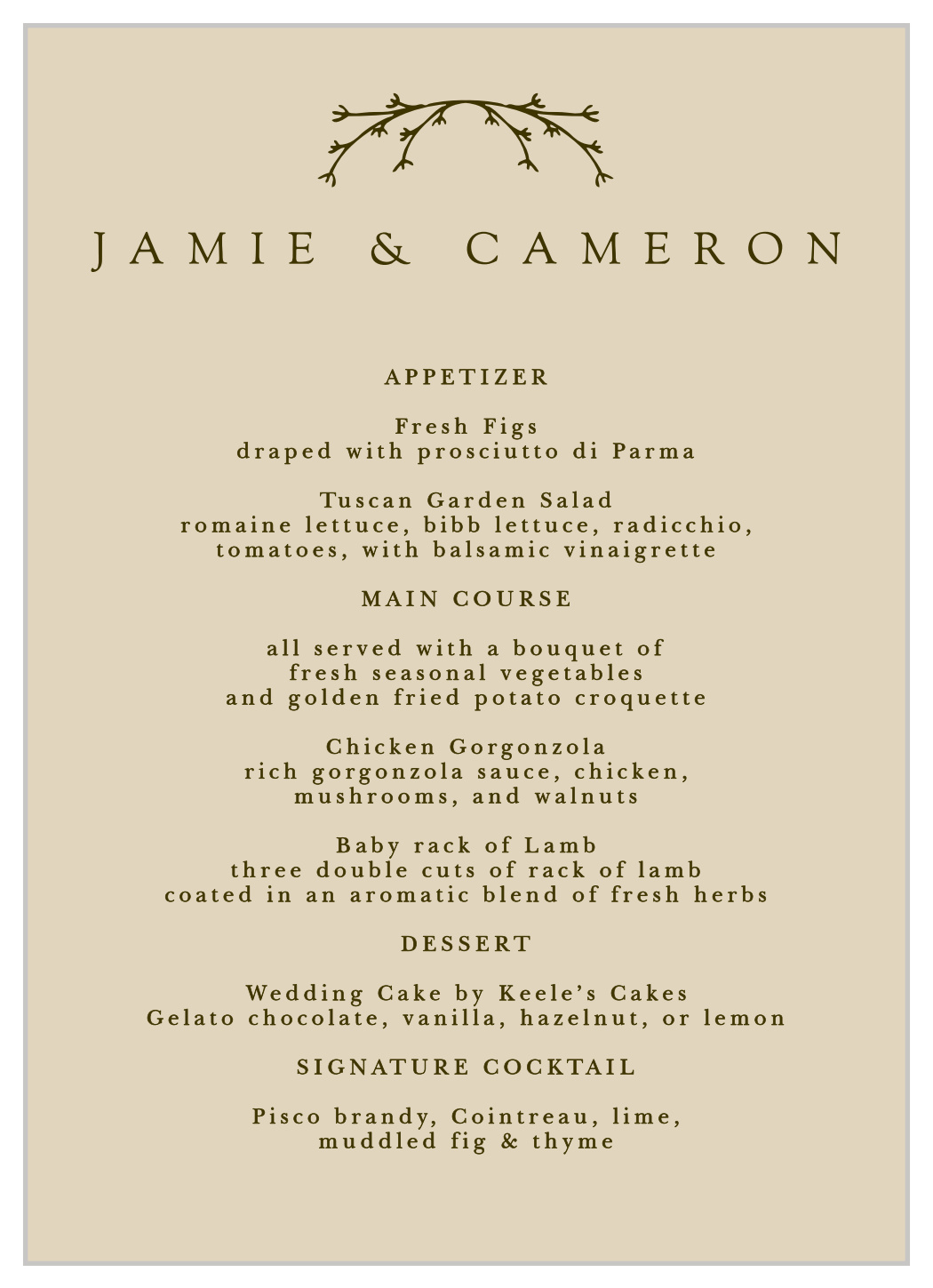 Charming Twig Wedding Menus