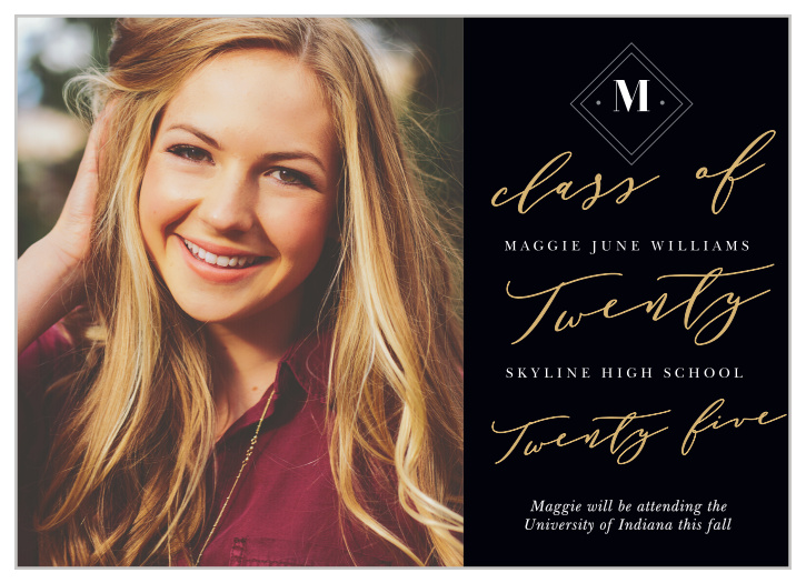A gorgeous collection of typefaces cover your Class Script Graduation Announcements in tasteful text on the righthand side, while a larger-than-life photo of your graduate decorates the left.