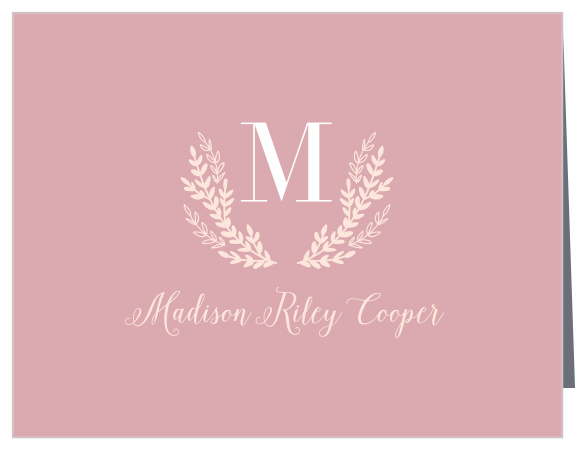 Our Pretty In Pink Graduation Thank You Card features a delicate laurel monogram colored in light coral pink. 