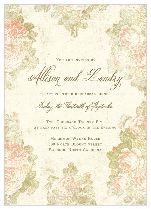 The Romantic Vintage Rehearsal Dinner Invitation speaks volumes about your glamorous event.
