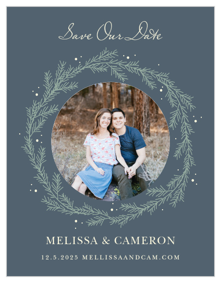 For a beautiful card befitting the elegance of your wedding plans, look no further than our Evergreen Wreath Save-the-Date Cards.