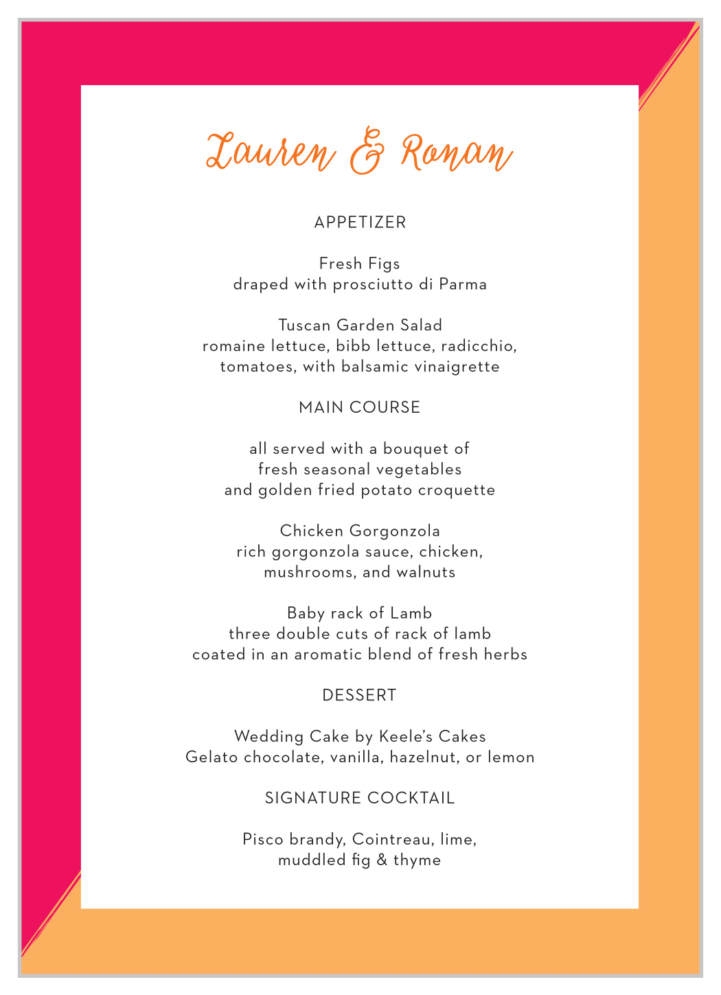 Cupid's Keys Wedding Menus