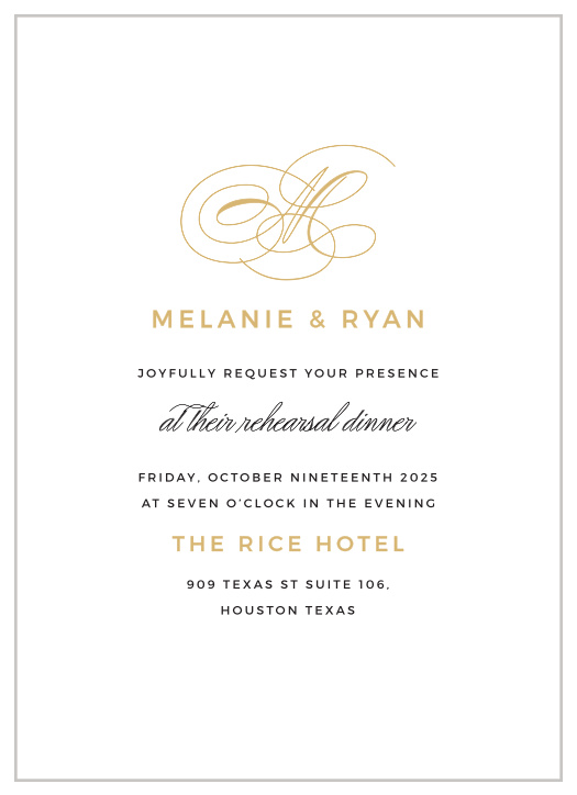 Ensure that everything goes perfectly on your wedding day with a rehearsal dinner, and gather everyone together using our stunning Charmed Monogram Rehearsal Dinner Invitations.