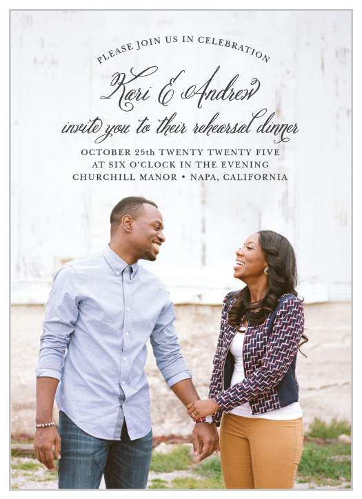 Our gorgeous Timeless Script Rehearsal Dinner Invitations will do exactly what you need them to: gather together everyone participating in your wedding for a practice run.