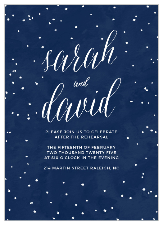 A scattering of hand-drawn style stars rests upon a watercolor background on the Beautiful Night Rehearsal Dinner Invitations. 