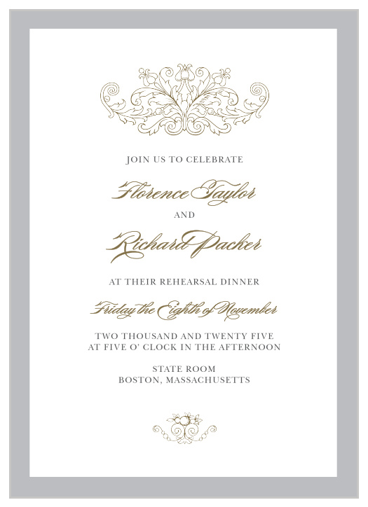 Formally invite guests to rehearse for your big day with the Vintage Damask Rehearsal Dinner Invitations. 