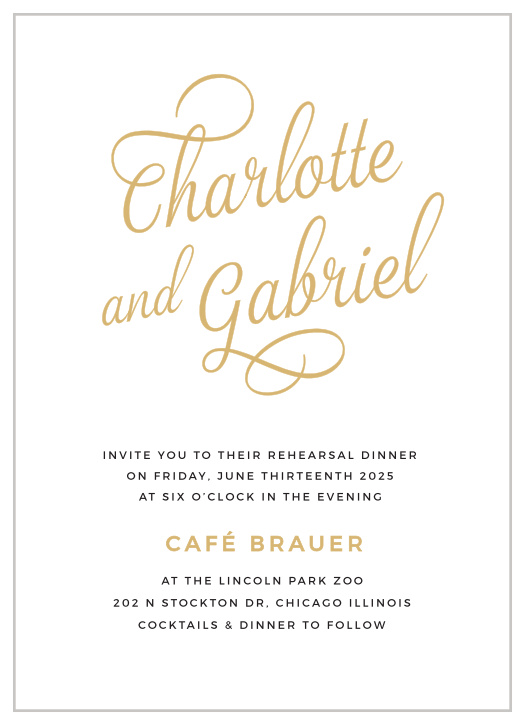 Our Script Emblem Rehearsal Dinner Invitations are beautiful, bold, and bright: gold-foil arcs across the center of the page in a swirling calligraphy, making your names shine above the classic look of the print below.