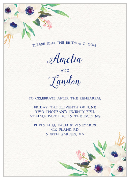 Our gorgeous Watercolor Anemone Rehearsal Dinner Invitations are perfect for gathering your friends and family together for a wedding test run.