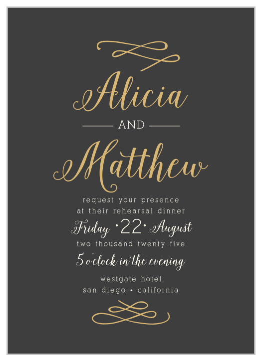 The Whimsical Calligraphy Rehearsal Dinner Invitations are an excellent example of a beautiful calligraphic foil invitation. 