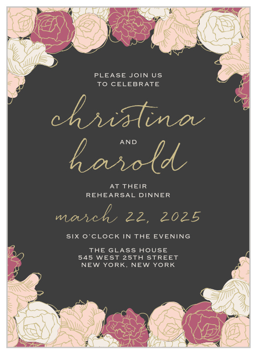 Stunning, multi-colored, rose blooms with pseudo gold accents adorn the edges of the Elegant Blooms Rehearsal Dinner Invitations.