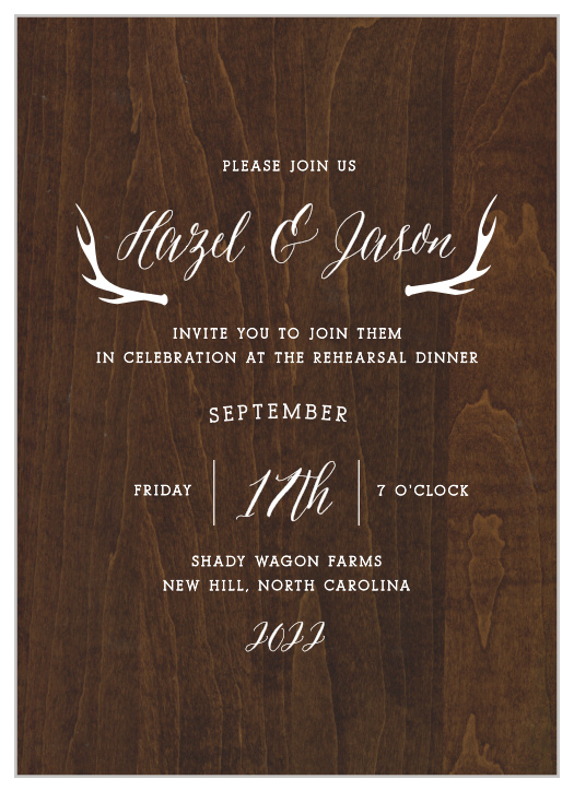 Antlers and a rich, printed woodgrain give the Rustic Wood Rehearsal Dinner Invitations country elegance. 