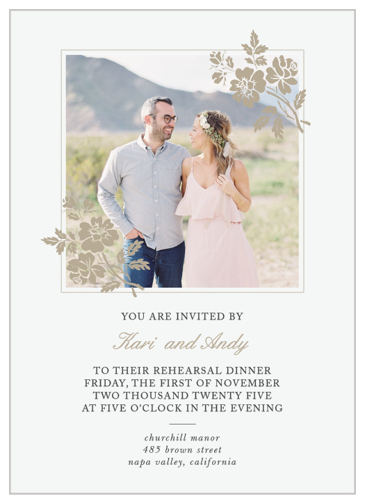 Delicate flower illustrations adorn your photo on the Rose Stamped Rehearsal Dinner Invitation. 