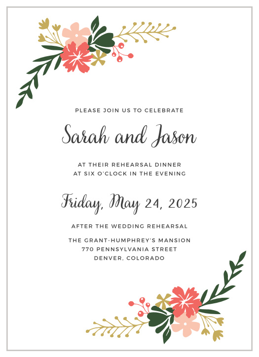 Vibrant florals in your wedding colors and your custom text make the Garden Party Rehearsal Dinner Invitations a beautiful choice for your event.