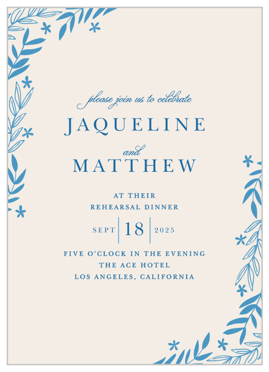 Whimsical floral illustrations adorn our Spring Garden Rehearsal Dinner Invitations. 