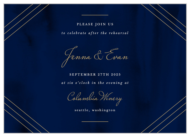 The background of our Indigo Infatuation Rehearsal Dinner Invitations takes inspiration from the midnight waters of the sea itself.