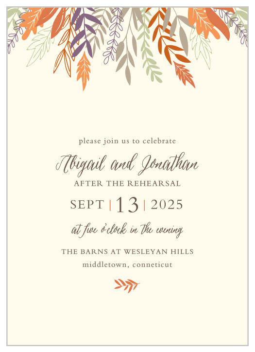 Our Fall Harvest Rehearsal Dinner Invitations are perfect for gathering your friends and family together for a wedding test run.
