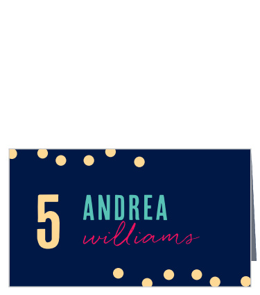 Guide your guests through their seating arrangements with our stunning Color Pop Place Cards. A deep-blue background creates a gorgeous contrast for the looping red calligraphy and teal print that spell out the details, delicately framed by golden bits of falling confetti. 