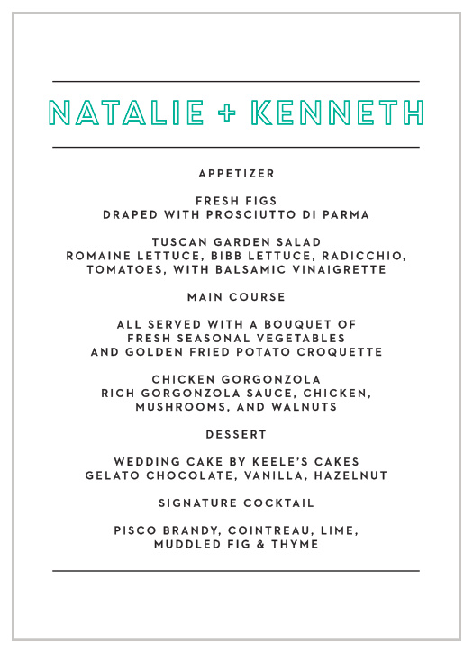 Our Bold Outline Wedding Menus utilize the same gorgeous design and color scheme as several other cards in the Bold Outline wedding suite.