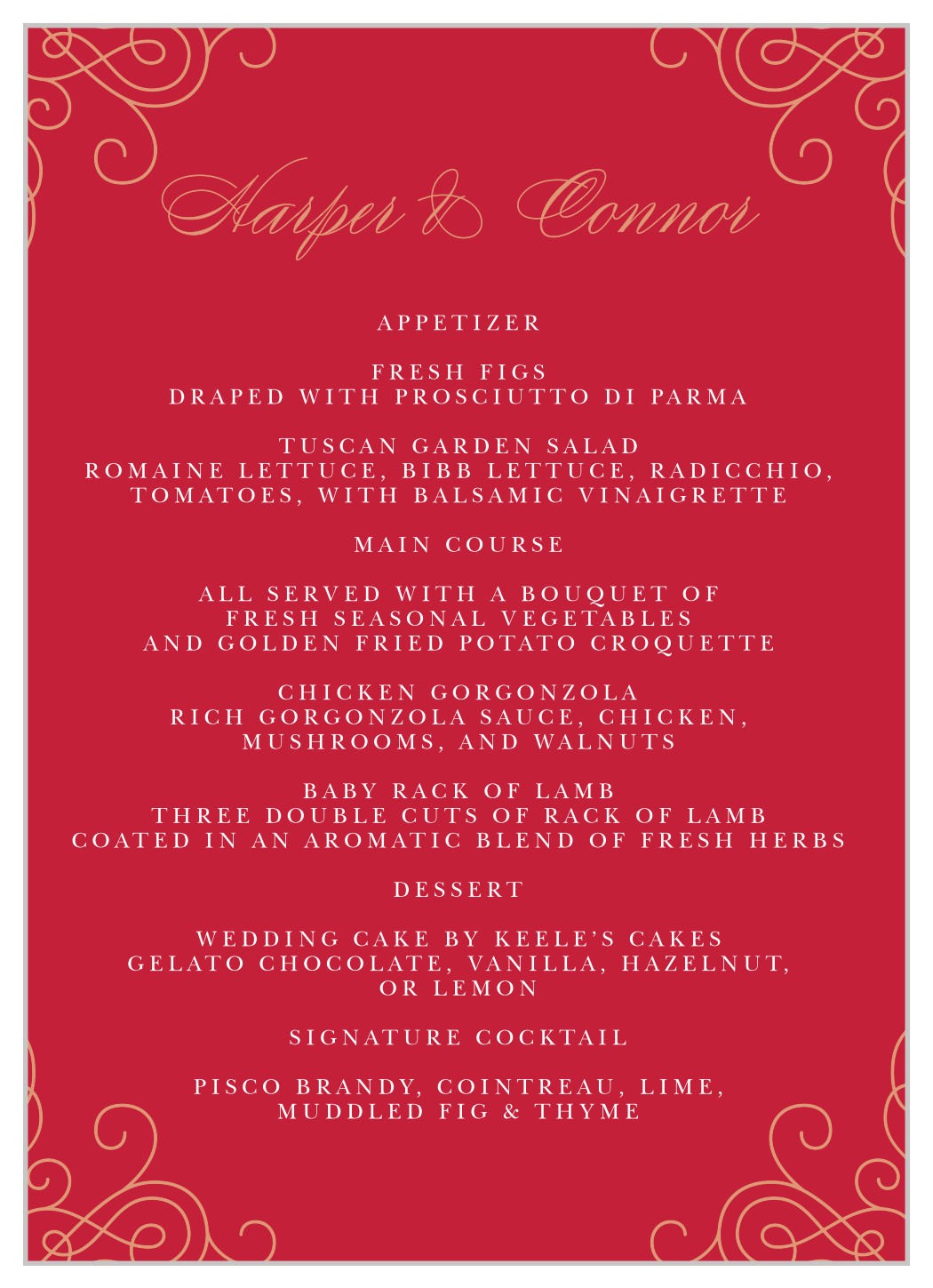 Color of Love Wedding Menus