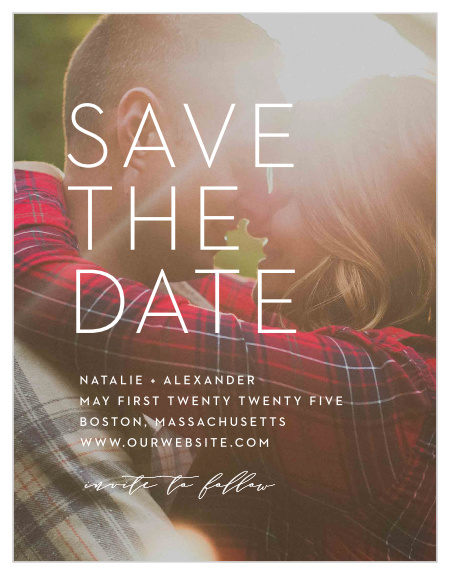 Our Modern Ombre Save-the-Date Cards are as beautiful as the photo you choose to adorn their background. With a duo of typefaces- a clean and classic print, as well as a looping calligraphy-, these cards tell your guests everything they need to know.