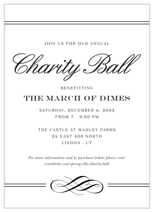 Celebrate the night away with our stunning Classic Charity Ball Gala Invitation.