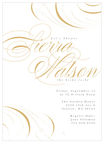 Our Beautiful Name Bridal Shower Invitations feature large elegant accents that frame your name.