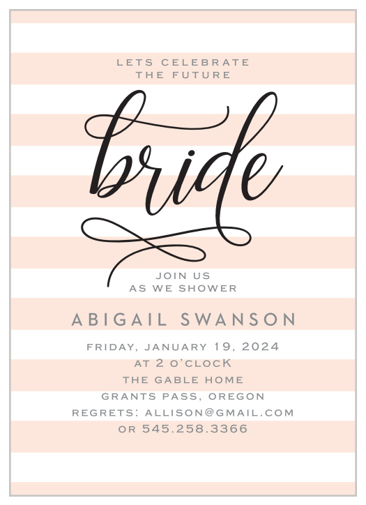 Our Lovely Bride Bridal Shower Invitations feature soft pink stripes and bold, flourishing calligraphy