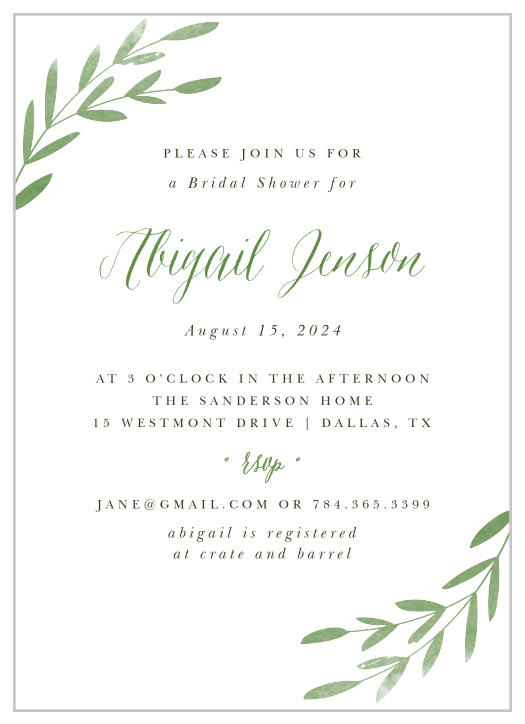 Our Spring Leaves Bridal Shower Invitations are simply designed.