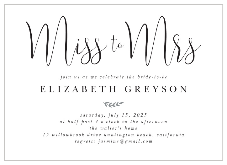 Join the bride as she celebrates her transition from miss to mrs with our simple and chic New Mrs Bridal Shower Invitations! 