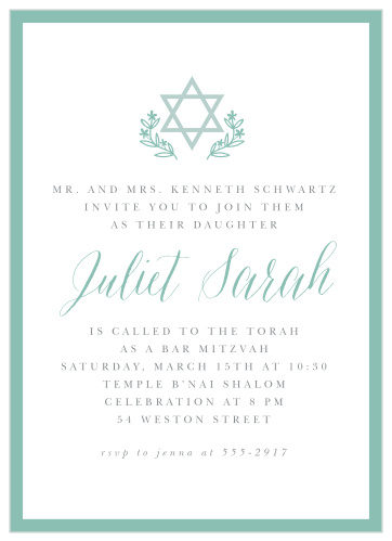 Celebrate one of the most important moments of her life- coming of age- with our stunning Romantic Script Bat Mitzvah Invitations.