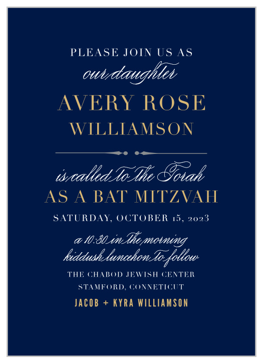 Celebrate one of the most important moments of her life- coming of age- with our stunning Romantic Script Bat Mitzvah Invitations. 