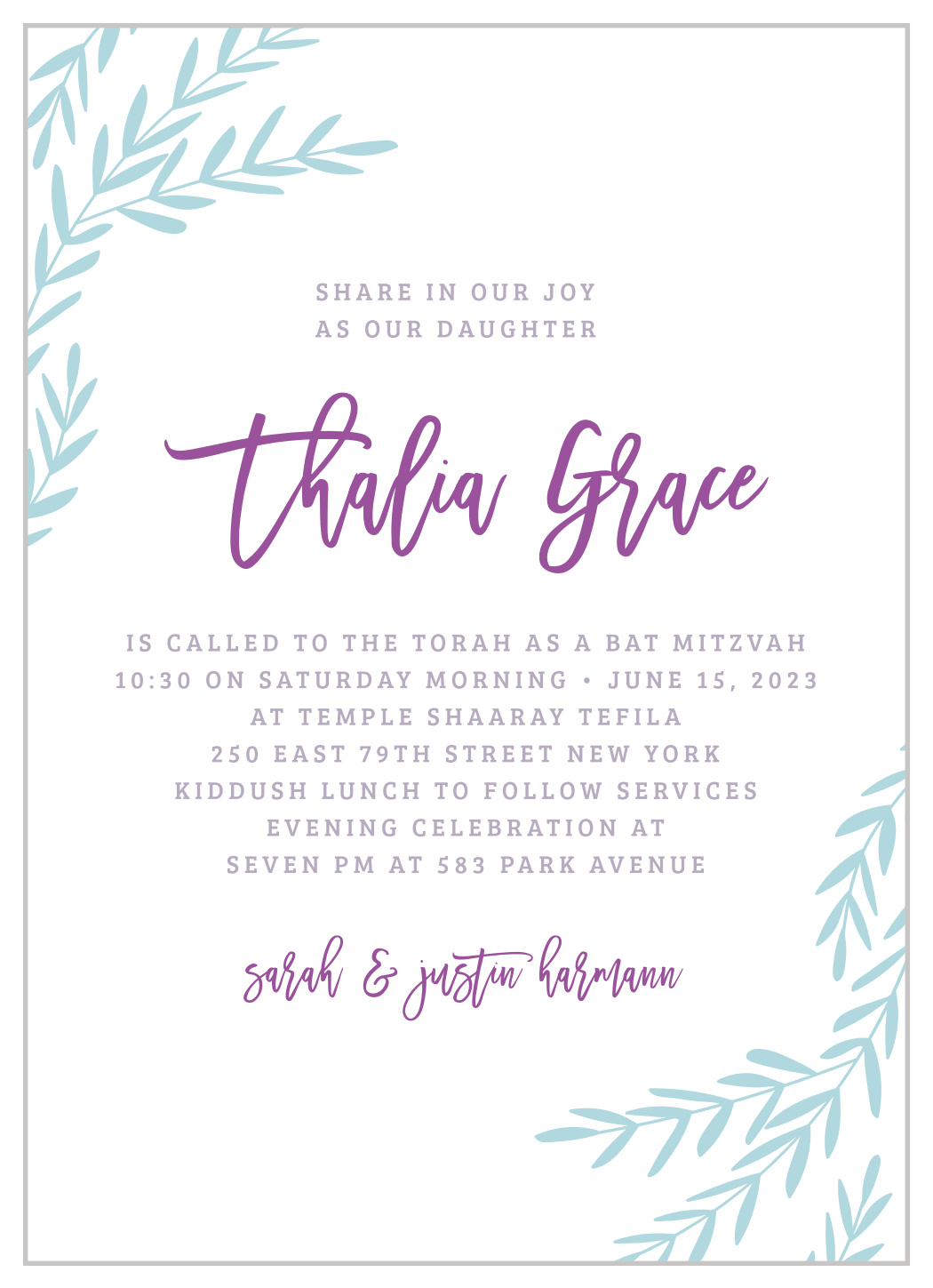 Elegant Vineyard Bat Mitzvah Invitations