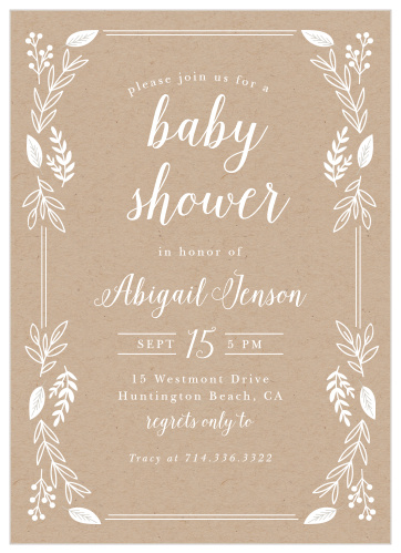 A white botanical frame surrounds your event details atop a kraft background.