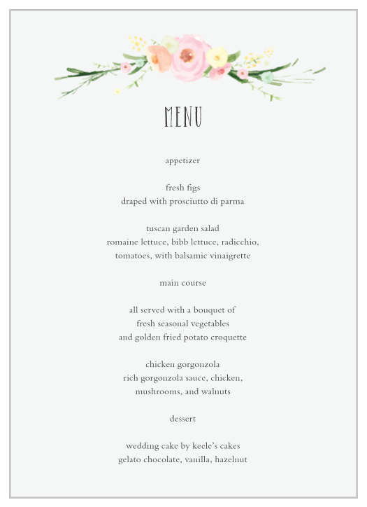 Describe your guests' meal options in mouthwatering detail with our Shaded Garden Wedding Menus. A stunning floral crown tops the page, hovering above the tasteful typefaces that spell out the particulars of each bite. 