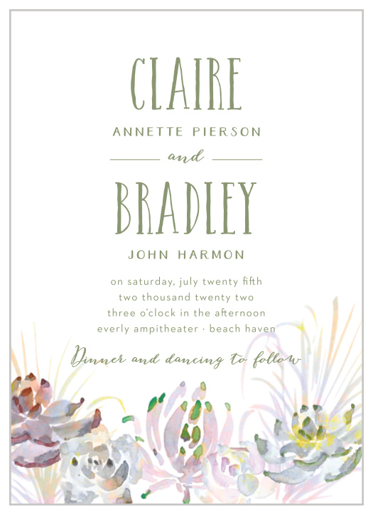 Rainbow hued, watercolor succulents make up our Succulent Wreath Wedding Invitations.