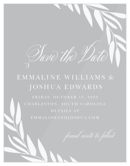 Surprise your guests with all the information they need about your wedding, months in advance, with our Greenery Leaves Clear Save-the-Date Cards.
