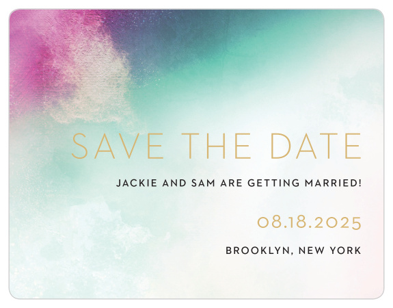 A heavily saturated pink, teal and indigo are blended together atop an exposed canvas for our Love Hues Save-the-Date Magnets.