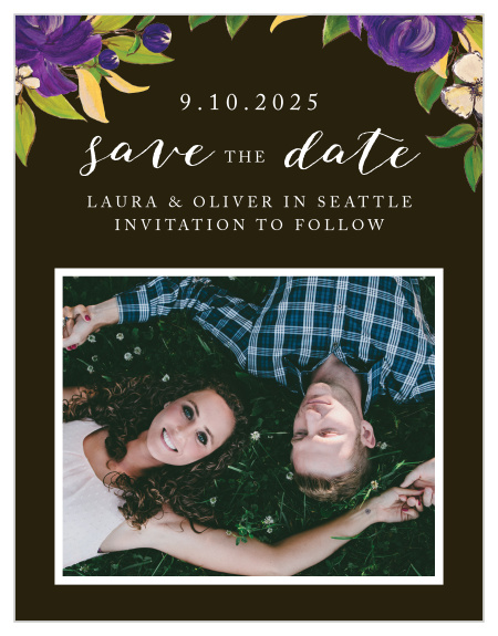 Give your guests everything they need in order to plan for your big day with our Purple Blooms Save-the-Date Cards. Featuring the same stunning design as the rest of our Purple Blooms wedding suite, these cards will be a perfect preliminary to your perfect day.