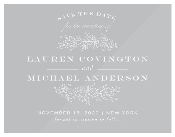 Our Vintage Greenery Clear Save-the-Date Cards are perfect for an outdoor or seasonal themed event!