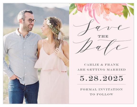 Botanical Gardens Save-the-Date Cards guarantee that your guests mark their calendars well in advance of your big day. Choose your favorite engagement photo to decorate the left-hand side, then use the smooth scripts, elegant prints, and soft florals of the right to detail every important piece of your wedding day.