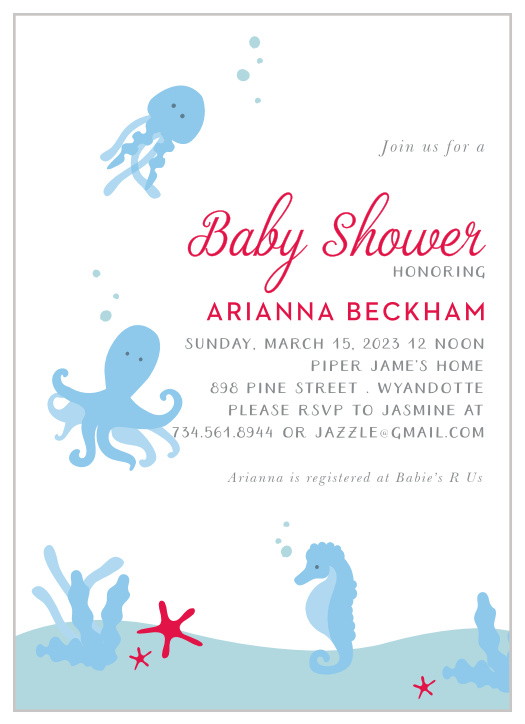 Cute little sea creatures are swimming around your event details for our Under the Sea Baby Shower Invitations!