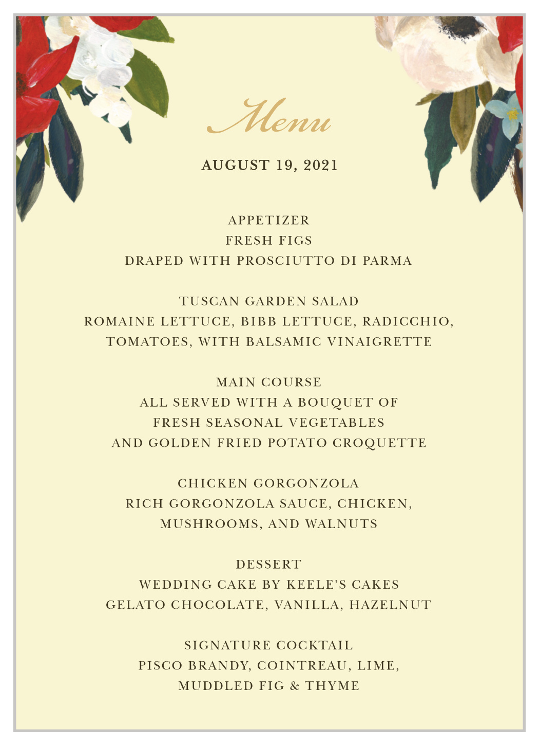 Amaryllis Bouquet Wedding Menus