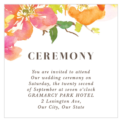 Our beautiful Colorful Garden Ceremony Cards feature brightly colored, tropical flowers that are delicately draped atop your ceremony or rehearsal dinner details. 