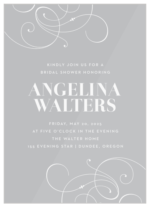 Boldly state your names and event details amidst large, swirling, victorian accents for our Bold Swash Clear Bridal Shower Invitations. 