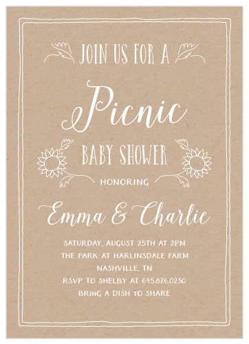 Our Kraft Picnic Baby Shower Invitations offer a unique organic look that will get your guests excited for your shower.