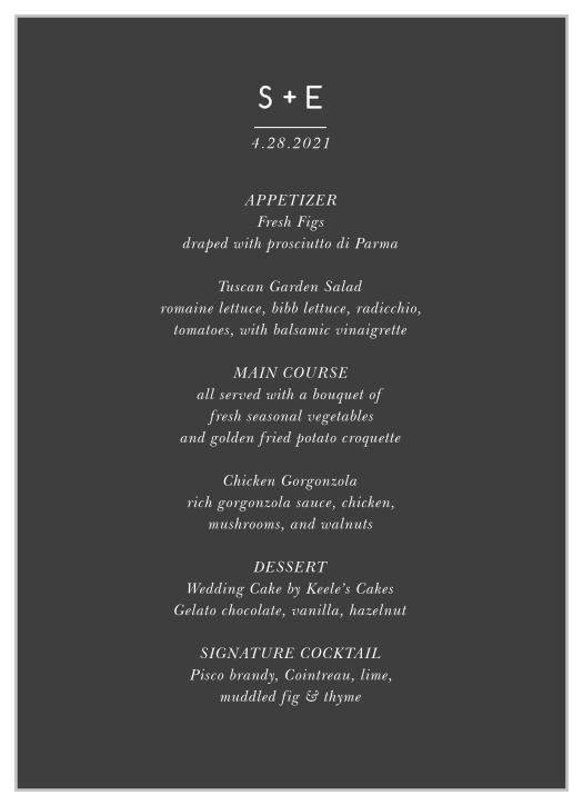 Our Stormy Florals Wedding Menus feature an antique design with modern touches! 