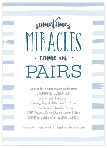 Having twins? Our Miracle Pair Baby Shower Invitations bring twice the fun! 
