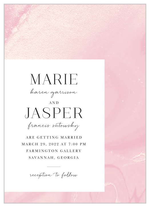 Swirls of pink and gold hues blend together into a dreamy, cream textured finish for our Blushing Gold Wedding Invitations.