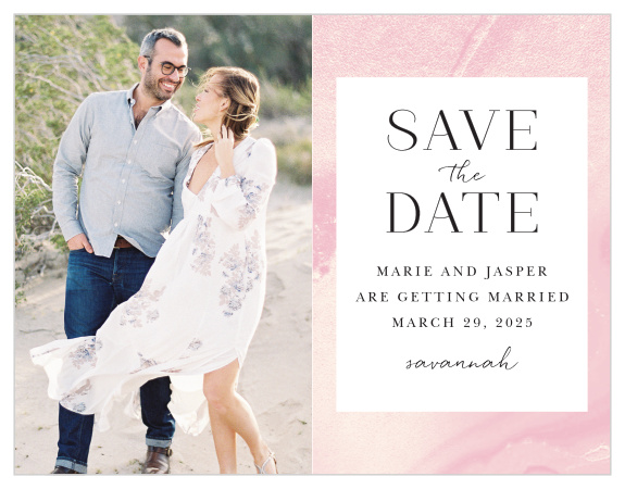 Swirls of pink and gold hues blend together into a dreamy, cream textured finish for our Blushing Gold Save-the-Date Cards. 