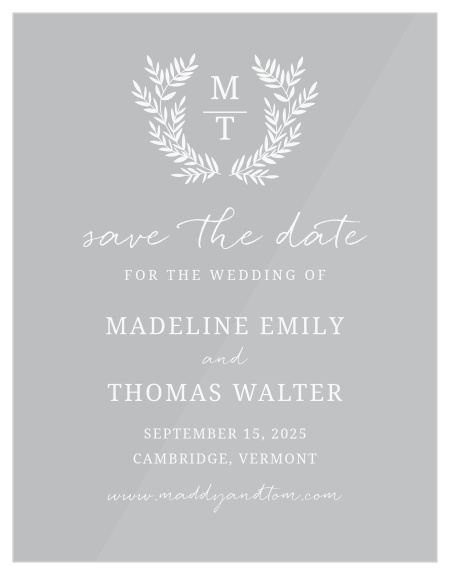 Your monogram is boldly stated and framed by elegant laurels at the top of our Botanical Monogram Clear Save-the-Date Cards.
